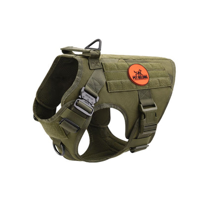 Green dog harness with petbelong logo  patch on a white background