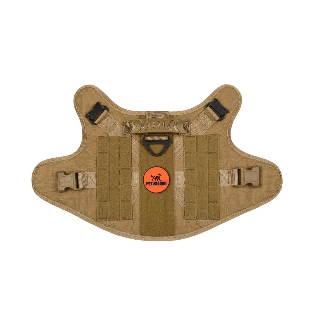 Tan tactical dog vest with a visible brand logo on a white background