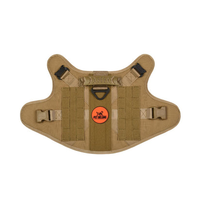 Tan tactical dog vest with a visible brand logo on a white background