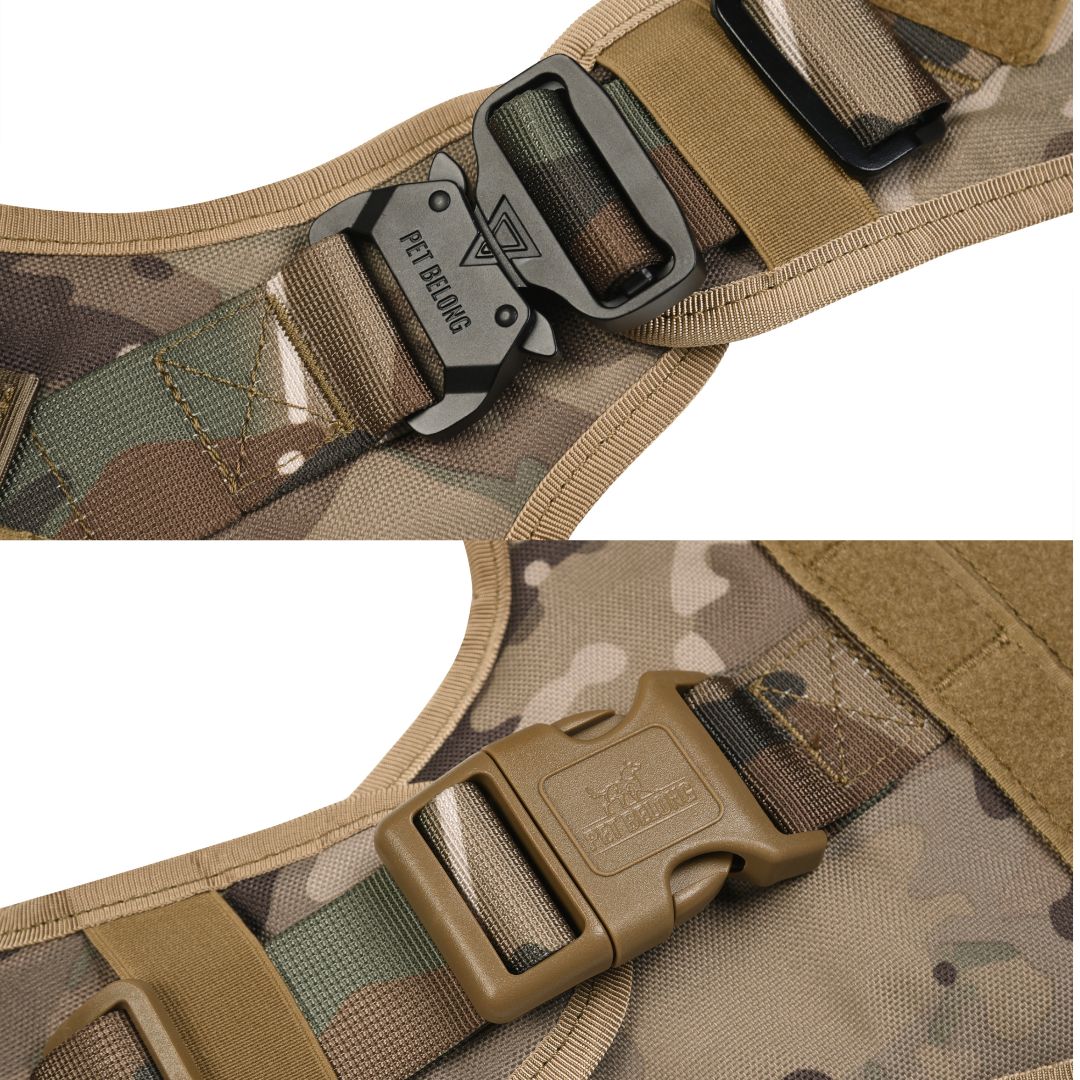 Camouflage dog harness with a buckle on a white background