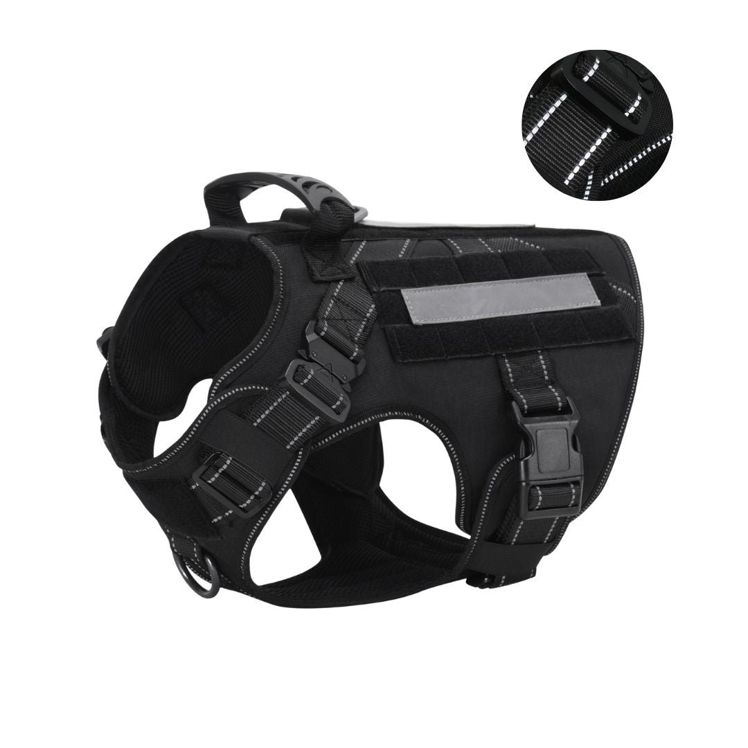 Black dog harness with reflective material on a white background petbelong logo 